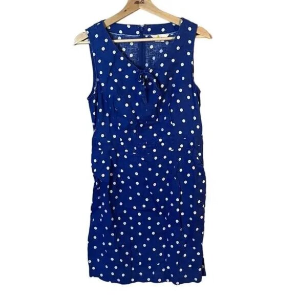 Boden Rae Linen Dress Blue & White Scattered Spot Polka Dot A-Line Dress SZ 8R - Picture 3 of 13